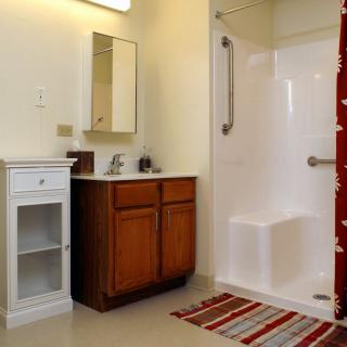 A modern bathroom with a shower, wooden cabinet, and striped rug.