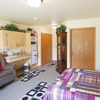 A cozy bedroom with a small kitchenette and decorative elements.