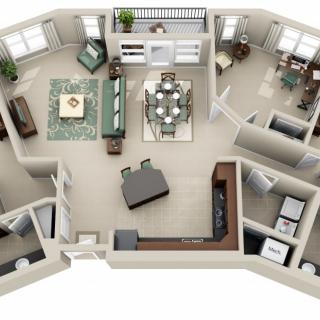 3D floor plan of an apartment with a living room, kitchen, dining area, bedroom, and bathroom.