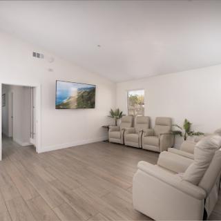 A modern and inviting living room featuring comfortable seating, a large TV, and decorative plants.