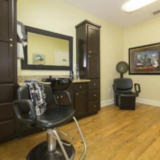 A well-organized hair salon with a styling chair, mirror, and hair dryer.