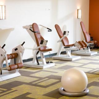 A modern gym with various exercise machines and a fitness ball.