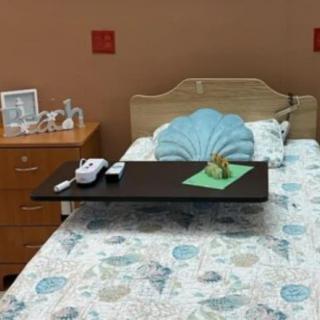 A cozy bedroom setup with a hospital-style bed featuring a seashell-themed pillow and quilt, accompanied by a bedside table holding a telephone and remote control.