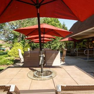 A serene outdoor patio with red umbrellas providing shade, surrounded by lush greenery.