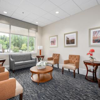 A serene waiting area designed for comfort and relaxation, featuring modern furniture and natural lighting.
