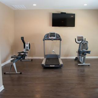 A well-equipped home gym featuring a treadmill, rowing machine, and stationary bike.