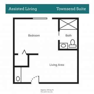 Floor plan of an assisted living Townsend Suite showing the layout with a bedroom, living area, and bathroom.