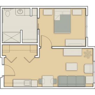 A simple floor plan of a one-bedroom apartment featuring a living room, kitchen, bedroom, and bathroom.