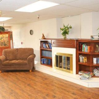 Cozy living room with a sofa, bookshelves, and a fireplace.