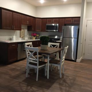 Modern kitchen with a dining area featuring wooden cabinets, a stainless steel refrigerator, and a potted plant on the table.