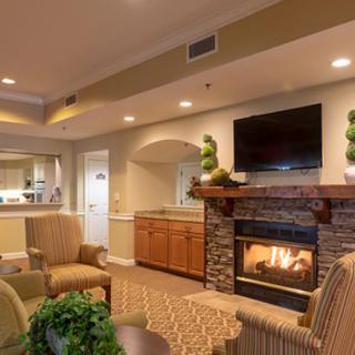 A cozy living room interior with a fireplace and modern furnishings.