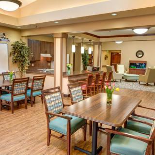 A spacious and well-lit dining area with wooden tables, cushioned chairs, and decorative plants.