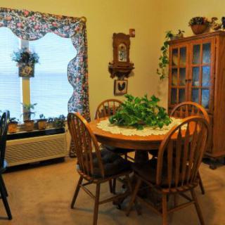 Cozy dining room with wooden table, surrounded by chairs, and decorated with plants.