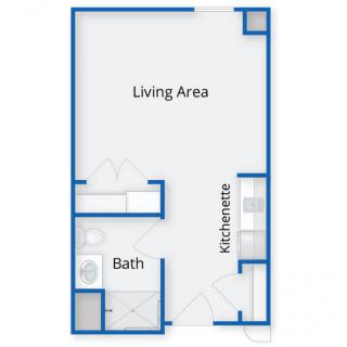 Studio apartment floor plan with living area, kitchenette, and bathroom.