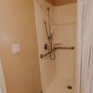 A bathroom shower with a curtain and accessibility features.