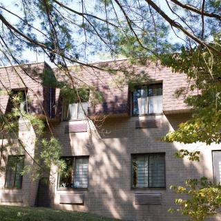 A residential building surrounded by trees, with sunlight casting shadows on its facade.