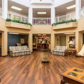 A spacious lobby area with sofas, wood flooring, and decorative plants.