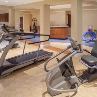 A well-equipped gym with various exercise machines, including treadmills and a stationary bike, in an indoor setting.