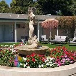 A serene garden with a fountain and vibrant flowers, surrounded by lounge chairs.