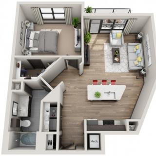 A modern open-concept apartment floor plan with a bedroom, kitchen, and living area.
