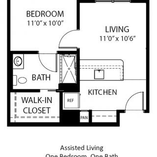 Floor plan of an assisted living one-bedroom apartment featuring a living area, kitchen, bathroom, and walk-in closet.