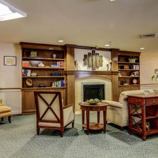 A cozy living room with a fireplace and built-in bookshelves.