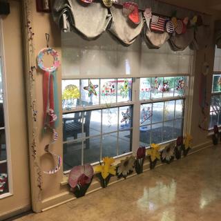 A window display featuring various decorations, including trophies, ribbons, and medals.