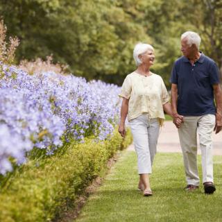An elderly couple enjoying a walk in the garden surrounded by blooming flowers.