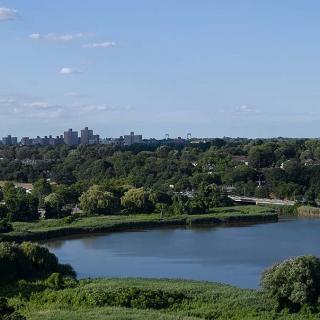 Scenic view of a river surrounded by lush greenery with a city skyline in the distance.
