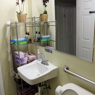 A compact bathroom featuring a small sink, mirror, and shelves with toiletries and potted plants.