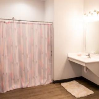 A modern bathroom with a pink shower curtain and a clean vanity area.