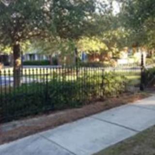 A quiet suburban street with a sidewalk and fence lined by trees.