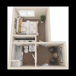 Top view of a small apartment floor plan featuring a bedroom, bathroom, and living area.