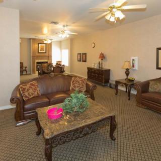 A spacious living room with leather sofas, a wooden coffee table, and decorative elements.