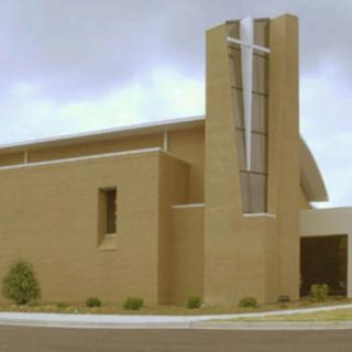 A modern church with a unique architectural design.