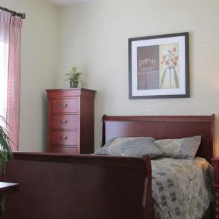 A cozy bedroom with a wooden bed frame and dresser, complemented by a framed artwork on the wall.