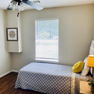 A minimalist bedroom with a single bed, lamp, and window.