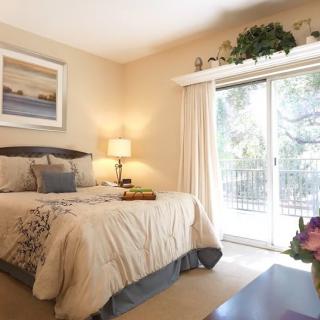A cozy and well-lit bedroom with elegant decor and a large window.