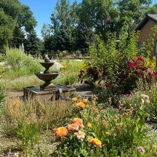 A vibrant garden with a three-tiered fountain surrounded by blooming flowers and lush greenery under a clear blue sky.