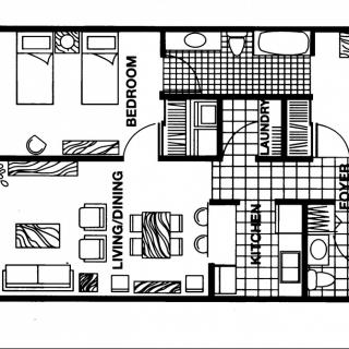 A detailed floor plan of an apartment, showing the arrangement of rooms including a bedroom, living/dining area, kitchen, and bathroom.