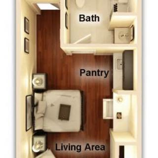 A compact studio apartment floor plan featuring a living area, pantry, and bathroom.