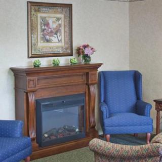 A cozy living room with blue chairs and a fireplace, adorned with a painting and small plants.