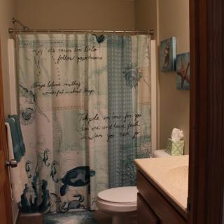 A small bathroom with a decorative shower curtain, sink, and mirror.