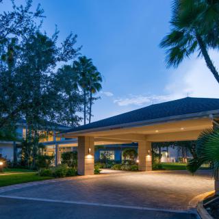 Illuminated building entrance surrounded by palm trees in the evening.