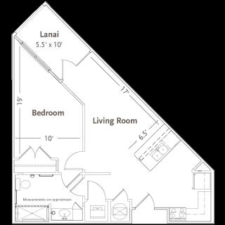 A floor plan showing the layout of an apartment with a bedroom, living room, kitchen, and lanai.