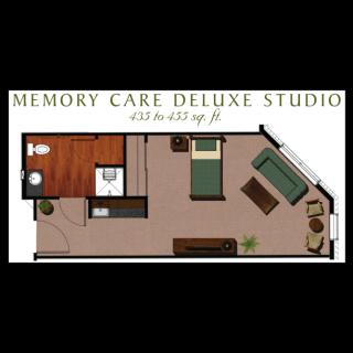 Floor plan of a Memory Care Deluxe Studio, featuring living and sleeping areas.