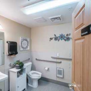 An accessible bathroom with a toilet, sink, and handrails.