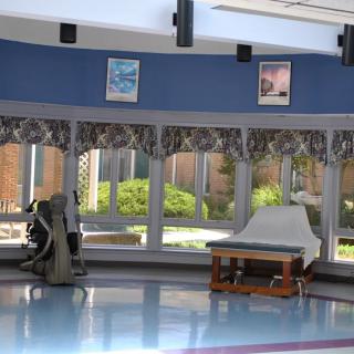 A room with nautical-themed decor, featuring a telescope by large windows and maritime artwork on the walls.