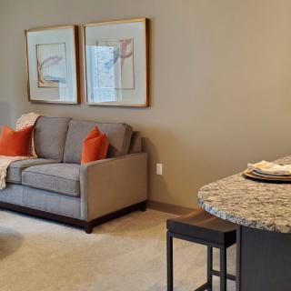 A cozy living room featuring a gray sofa with orange cushions, complemented by abstract artwork on the wall.