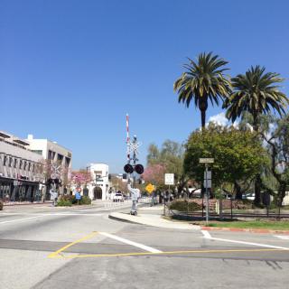 A sunny street scene with palm trees, buildings, and a railroad crossing.